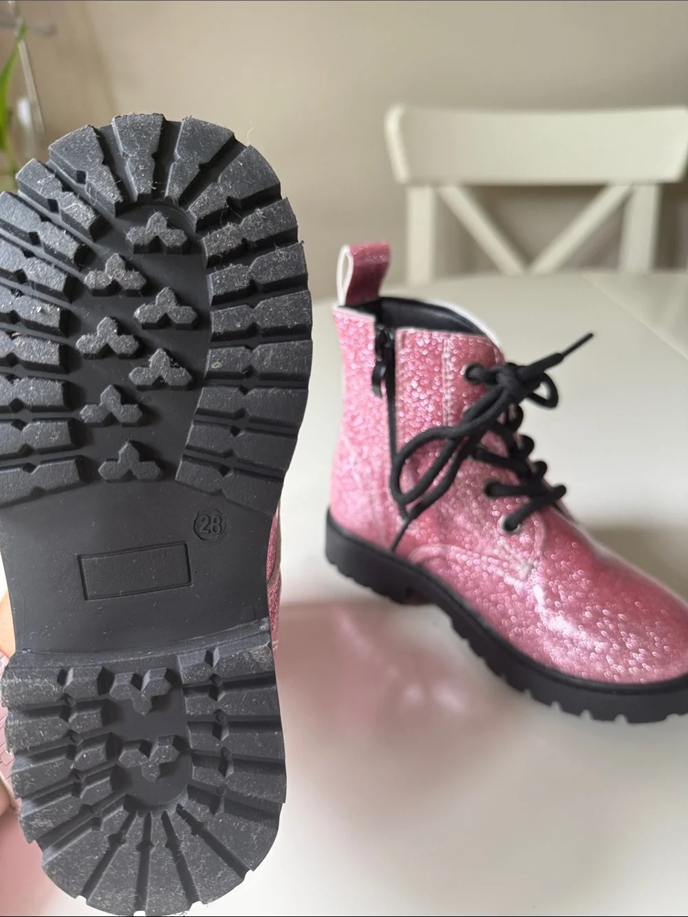 Kids Glitter Pink Lace-Up Combat Boots with Side Zip. (New without tags)